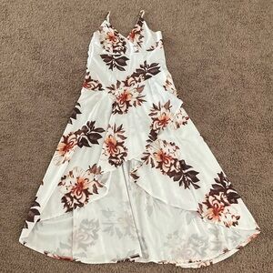 Floral Maxi Dress High Low Wrap Layers Size L White Brown Beige